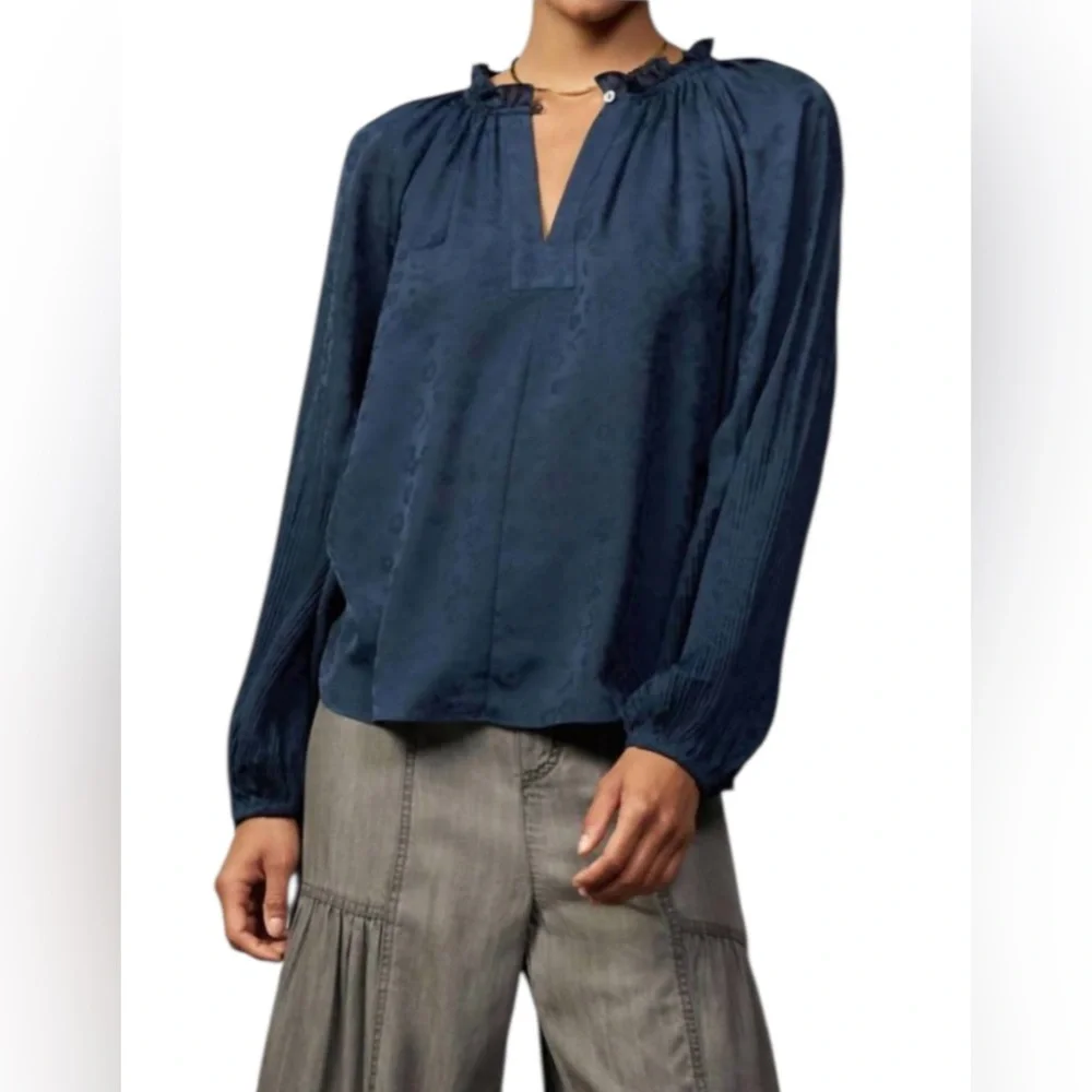 NWT Current Air Floral Jacquard Split Button Neck Long Sleeve In Midnight Size M - Picture 1 of 12